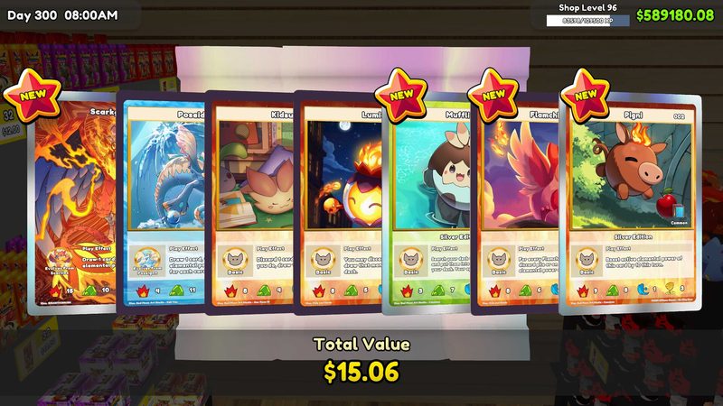 A pack opening session with several cards revealed and a total value shown