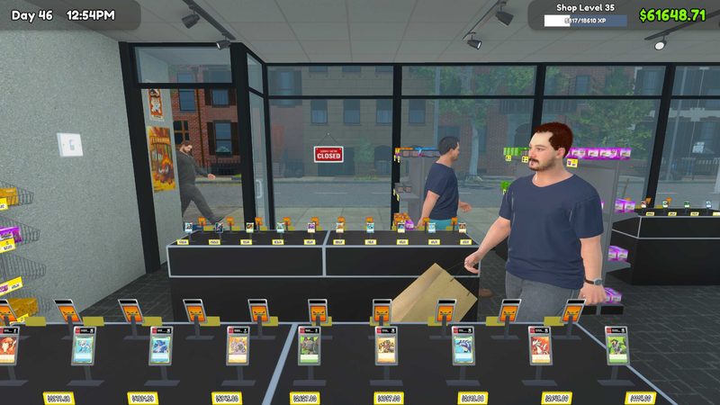 A customer paying at the shop counter with stocked shelves behind